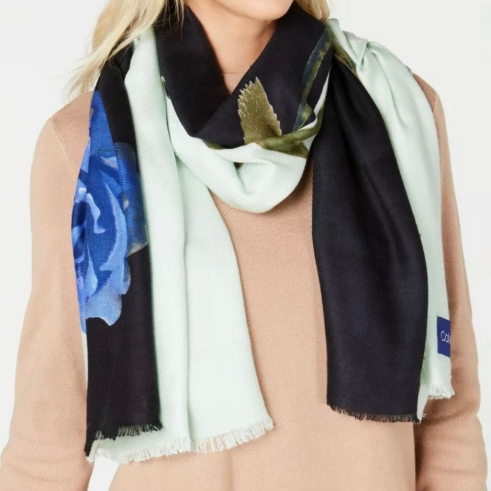 Calvin Klein Rose Colorblocked Pashmina, Rayon, Celadon, 28" x 77".